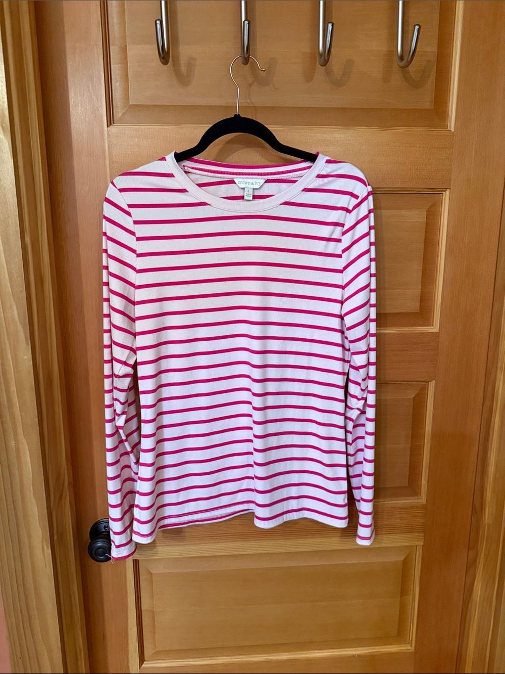 crown & ivy Pink and White Striped Long Sleeve Crewneck
